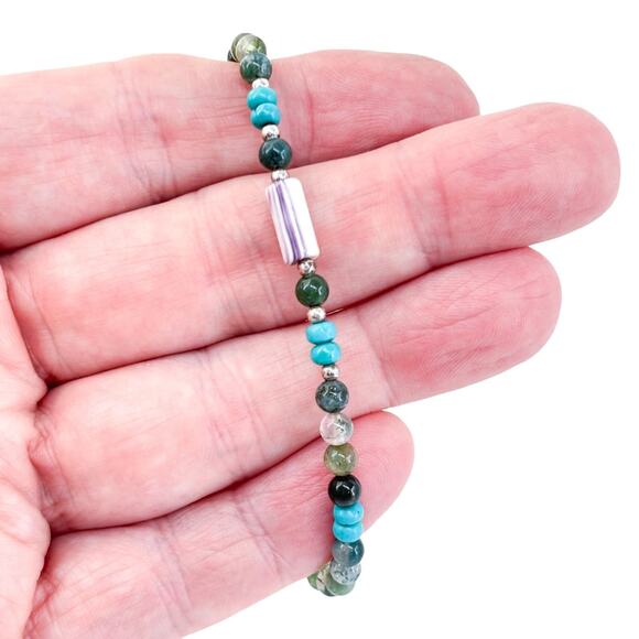 Vintage Sterling Silver 925 Turquoise Moss Agate Beaded Bracelet 7.5" - Picture 1 of 6